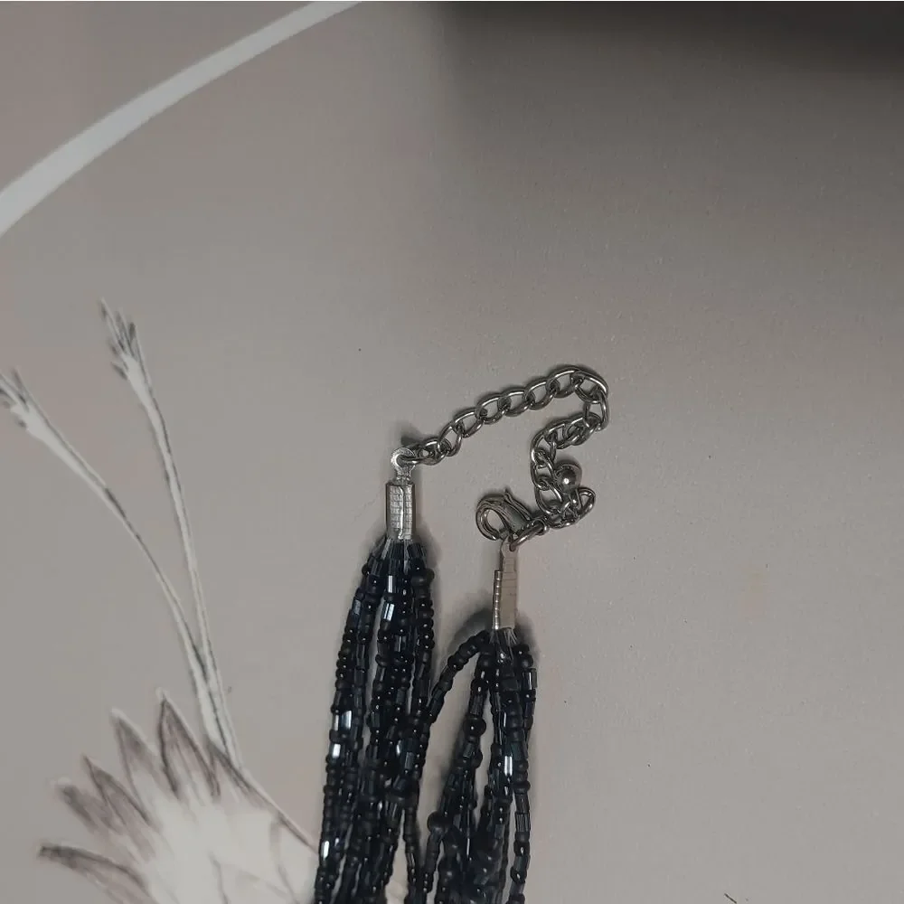 Knotted Multistrand Black Beaded Necklace